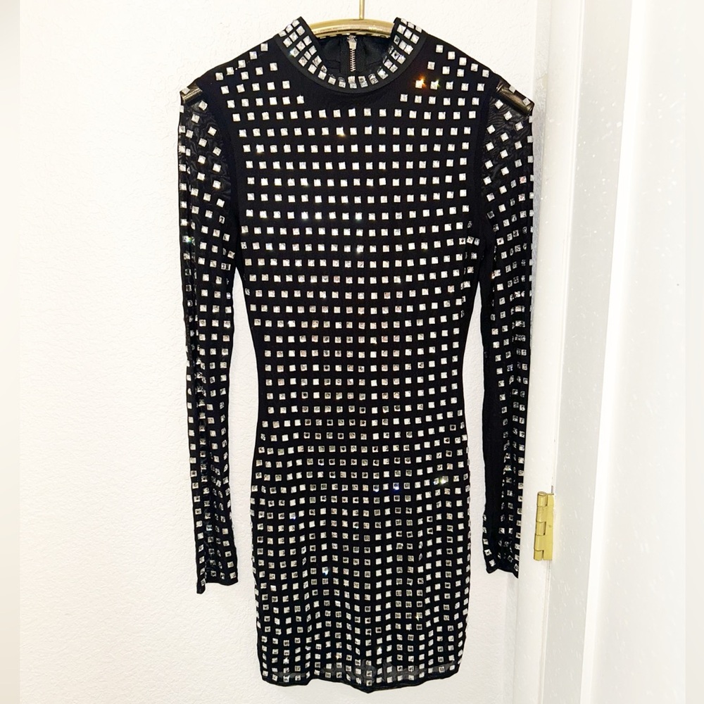 A PEACH The Fully Embellished Rhinestone Grid Long Sleeve Mini Dress Black SZ: S